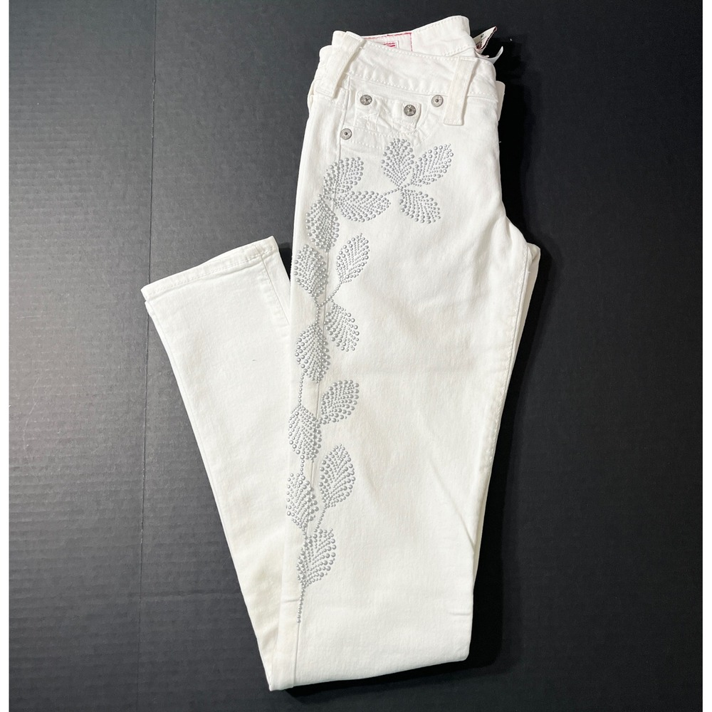 True Religion Jeans Womens 25 White Stella Studded Leaf Skinny Low Rise Y2K